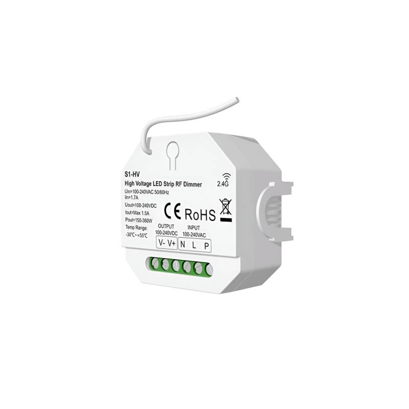 Produkt od Přijímač Stmívač pro Jednobarevný LED Pásek 220-240V AC Kompatibilní s Tlačítkovým Spínačem a RF Dálkovým Ovládačem