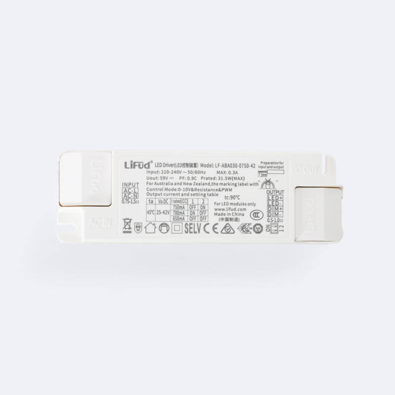 Product van Driver LIFUD Dimbaar  0-10V 220-240V No Flicker Output 25-42V 650-750mA 26-30W LF-ABA030-0750-42