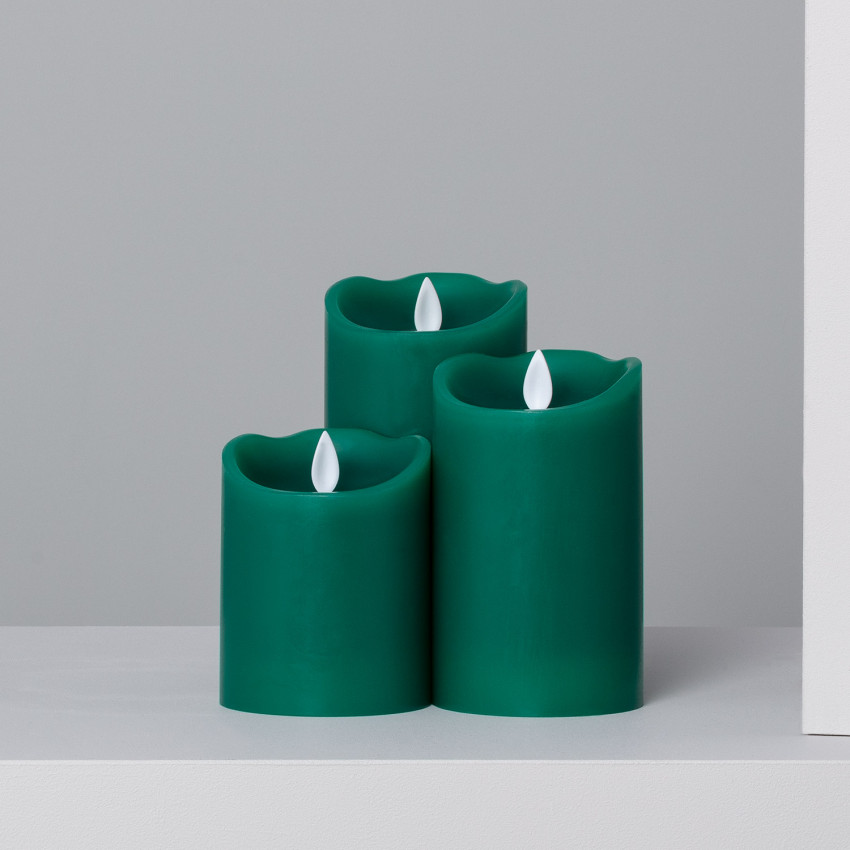 Product of Set of 3 Green Special Flame Natural Wax LED Candles