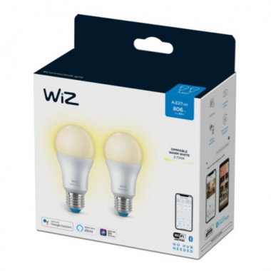 Produit de Pack 2 Ampoules LED Intelligentes WiFi + Bluetooth E27 A60 Dimmable WiZ 8W