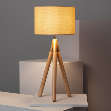 Lampada da Terra in Legno e Tessuto Wolby Beige