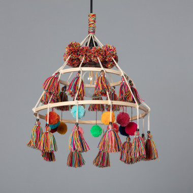 Cuzo Wood & Cotton Pompon Pendant Lamp