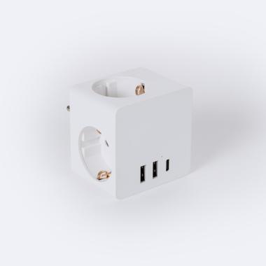 Adapter Stekker Schuko F-type Drievoudige aansluiting 2 USB + 1 USB-C
