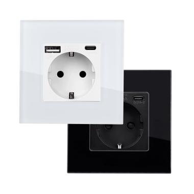 Product Schuko Contactdoos met 2 USB Poorten type  F met Glazen Frame Modern