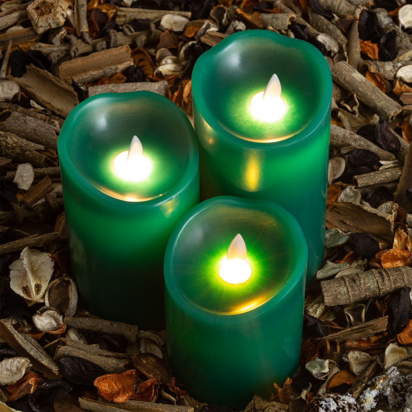 3er Pack LED-Kerzen Naturwachs Spezial Flame Grün