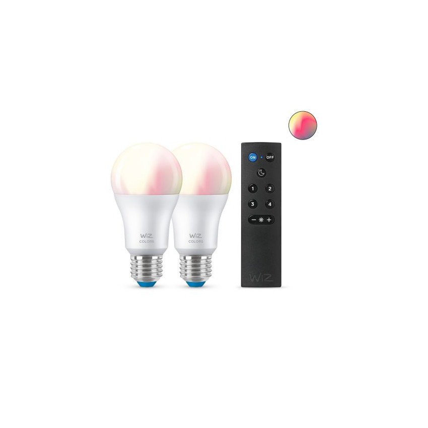 2er Pack LED-Glühbirnen Smart WiFi + Bluetooth E27 A60 RGB+CCT Dimmbar WIZ 8W + Fernbedienung Smart WiFi WIZ Wizmote