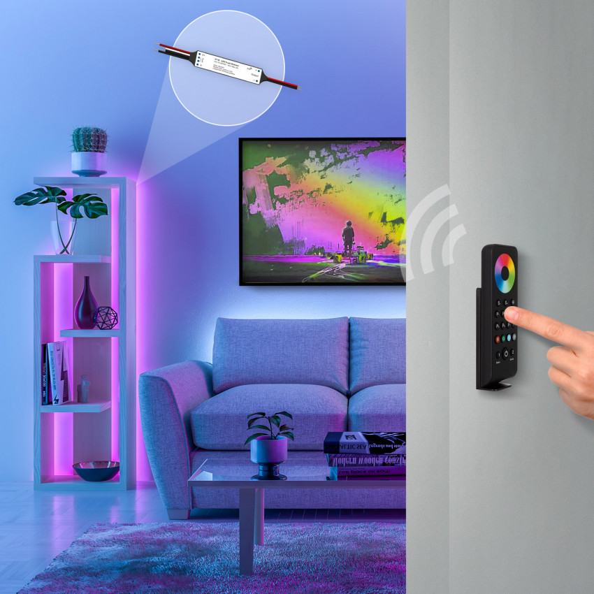 Kit Mini Controlador Regulable de Tira LED RGB con Mando RF 12/24V DC compatible con pulsador