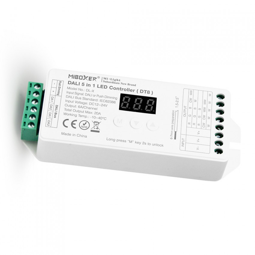 LED Dimmer Controller DL-X DALI 5 in 1 DT8 für LED-Streifen Einfarbig/CCT/RGB/RGBW/RGBWW 12/24V DC MiBoxer
