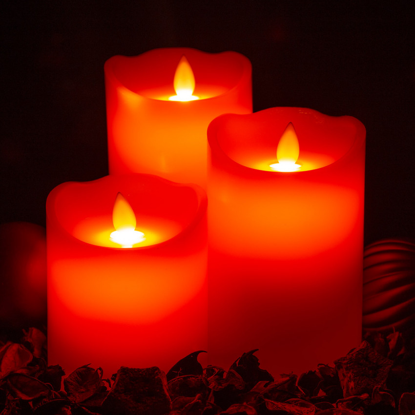Pack of 3x Red Natural-Wax LED Candles - Special Flame