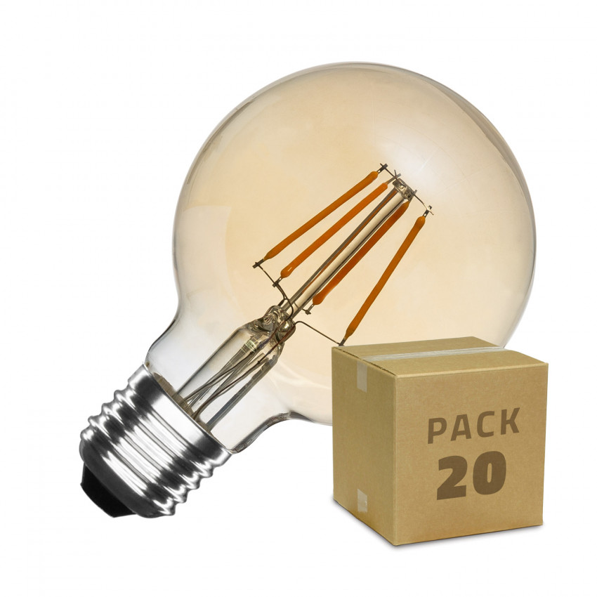 Box 20 Lampadine LED E27 Dimmerabile Filamento Oro Globo G80 5,5W Bianco caldo