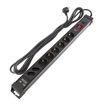 Przedłużacz Listwowy 6-Gniazdowy Typ F Schuko Ochrona Nadmiarowo-Prądowa + 2 enchufes Tipo C + 2xUSB 5mCzarny