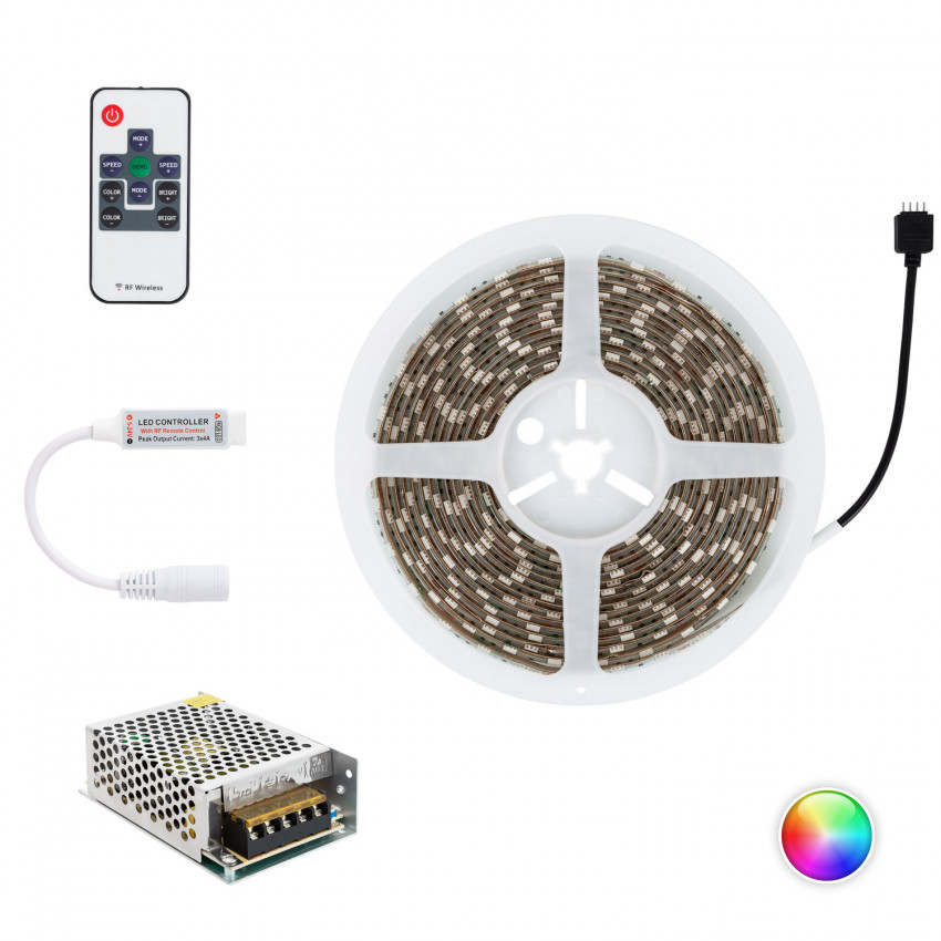 KIT: 5m RGB LED Strip 12V DC, SMD5050, 60LED/m, IP65 + Power Supply and Controller