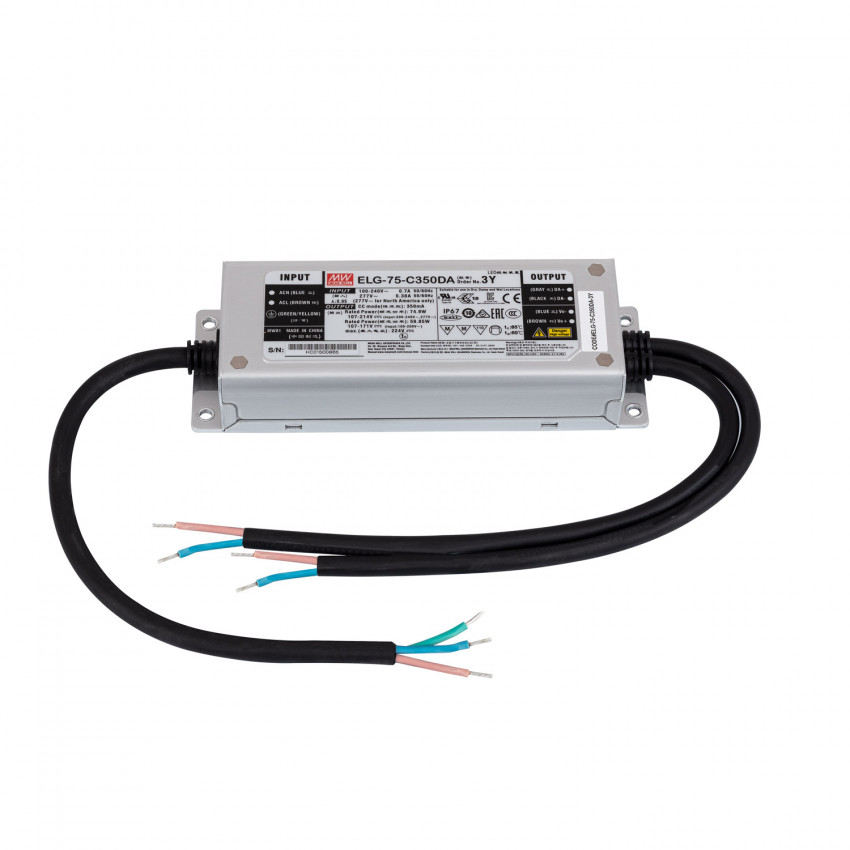 75W 107-214V Output 100-240V 350mA IP67  DALI Dimmable MEAN WELL Driver ELG-75-C350-DA